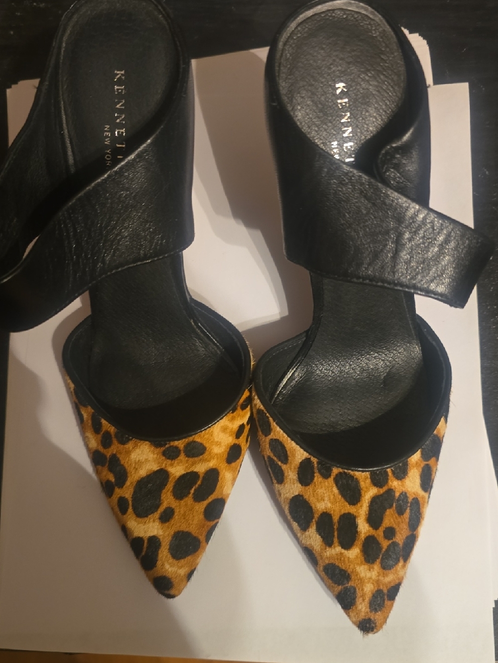 Kenneth Cole Black Leather and Leopard Pointed-Toe Mules